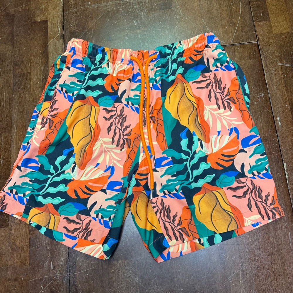 Cove Swim‎ Trunks Mens Medium Orange Tropical Botanical Leaf Print Mesh Lined